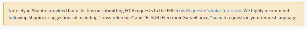 screenshot of a tip on the MuckRock FBI agency page linking to an interview done by Ryan Shapiro about tips on submitting FOIA requests to the FBI