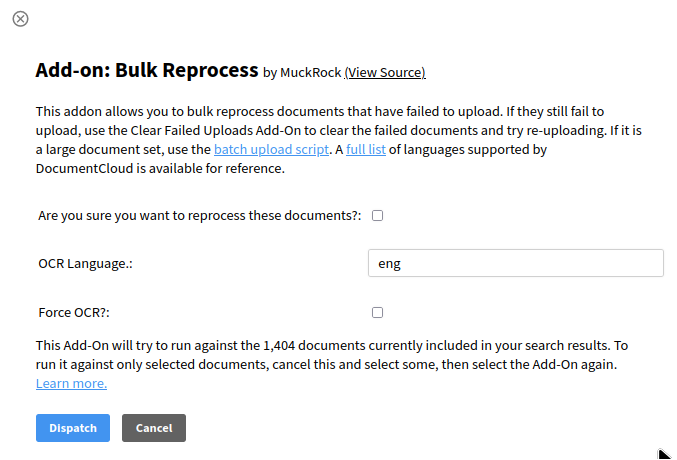 Bulk Reprocess Add-On menu showing newly available force OCR options as well  as language selection 