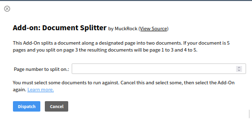 Document Splitter Add-On menu showing one field to specify which page number you would like to split the document on
