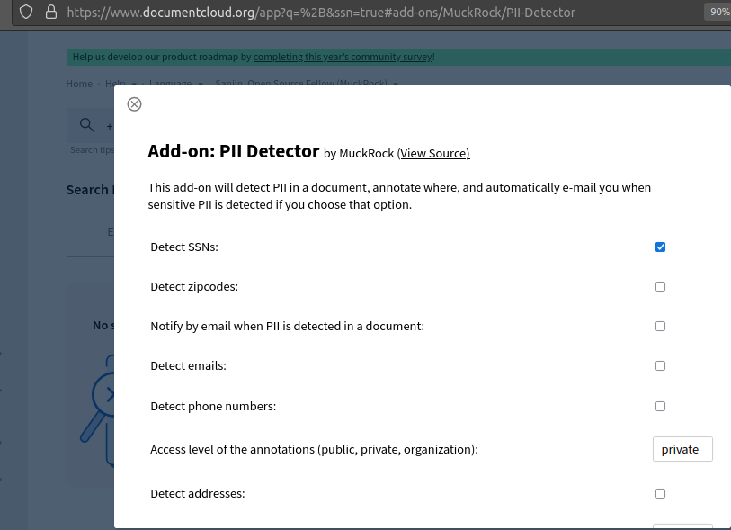 PII Detector Add-On menu showing Detect SSNs selected and the URL modified as such.