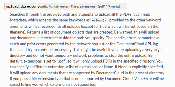 Shows the new documentation for the upload_directory() method for the python wrapper for the documentcloud API