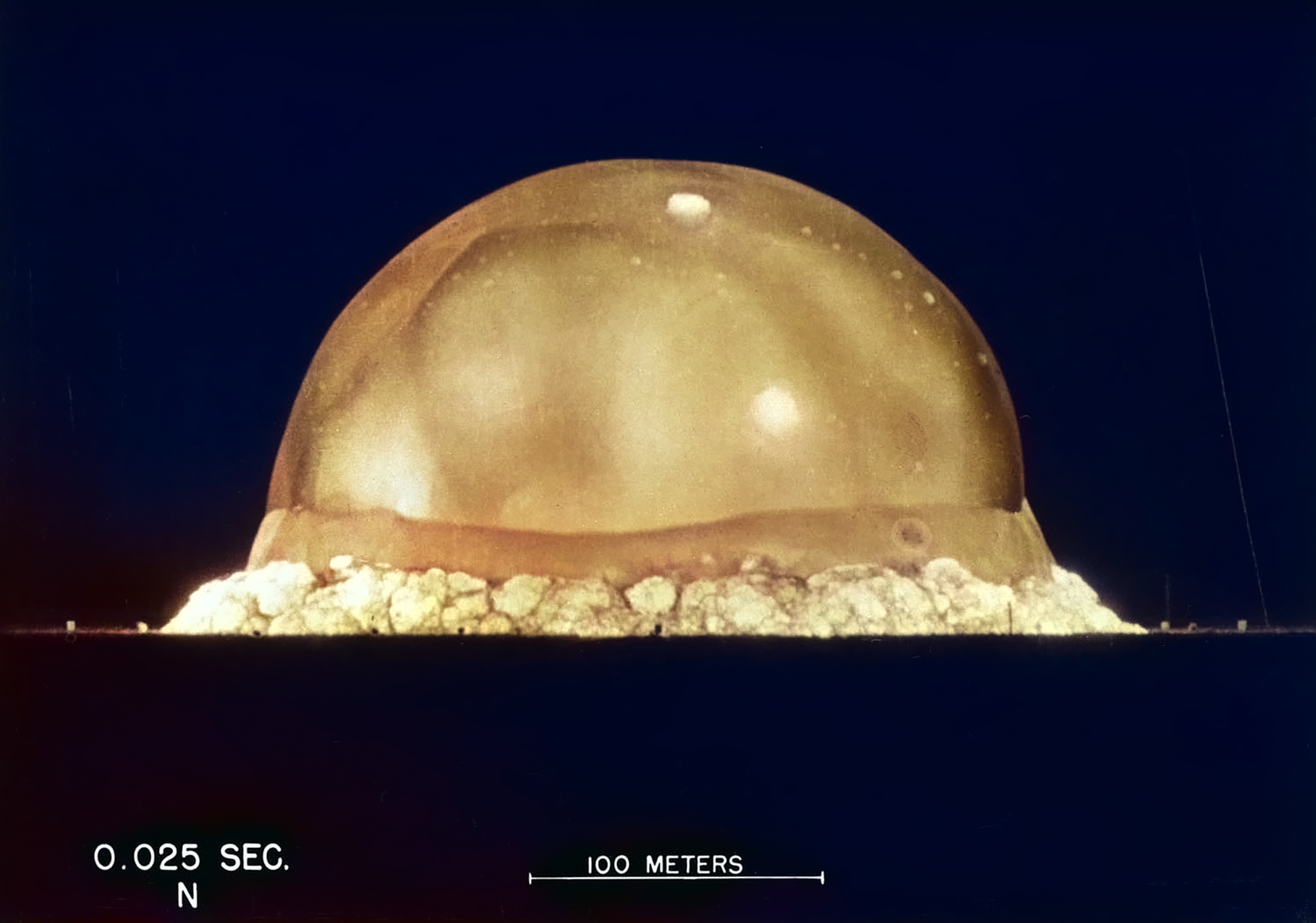The Trinity explosion, 16 milliseconds after detonation. The viewed hemisphere’s highest point in this image is about 660 ft. (Berlyn Brixner / Los Alamos National Laboratory / Public Domain)