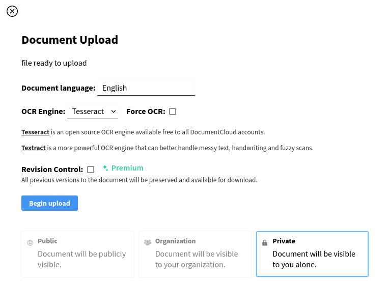 DocumentCloud's upload menu, showing a tick box to turn on Revision Control