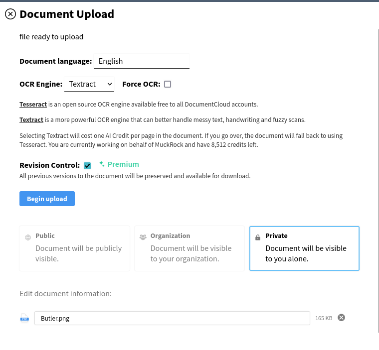 DocumentCloud's file upload menu, showing an option to turn on revision control