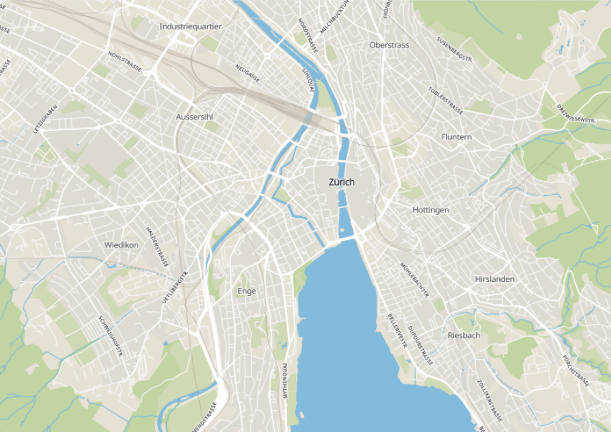 An example of a map from OpenMapTiles, showing a high level view of Zurich without fine-grained detail