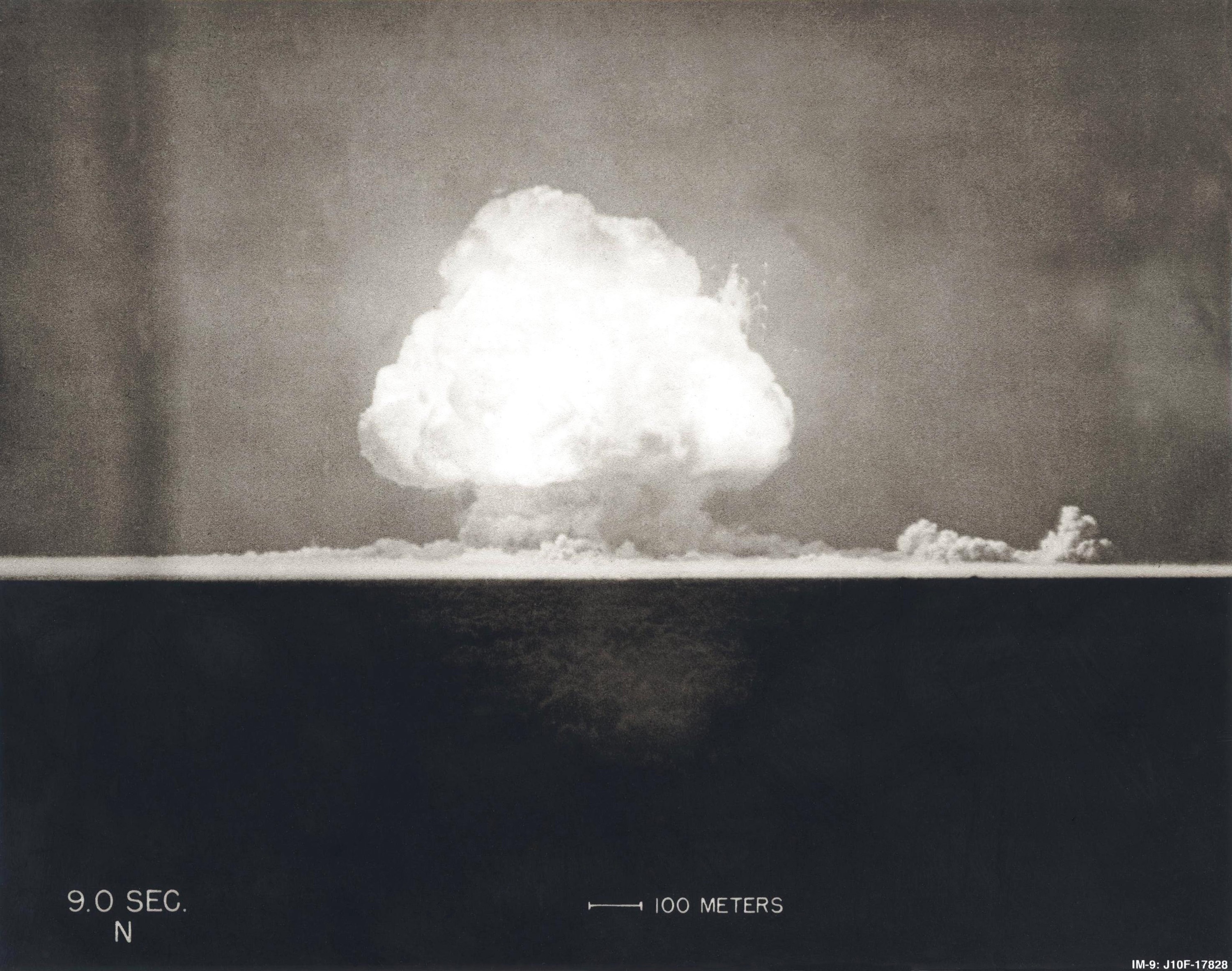 The Trinity explosion, nine seconds after detonation, on July 16, 1945. (Everett Collection)