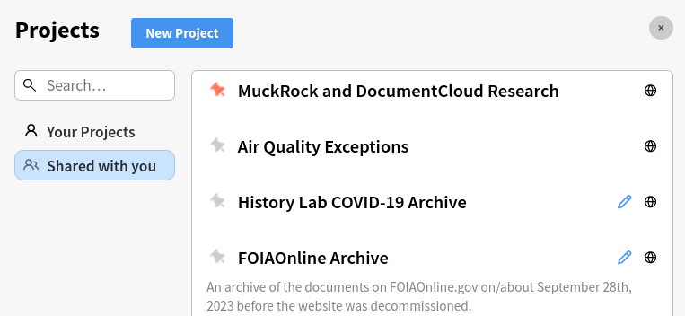 A screenshot of DocumentCloud Project Manager
