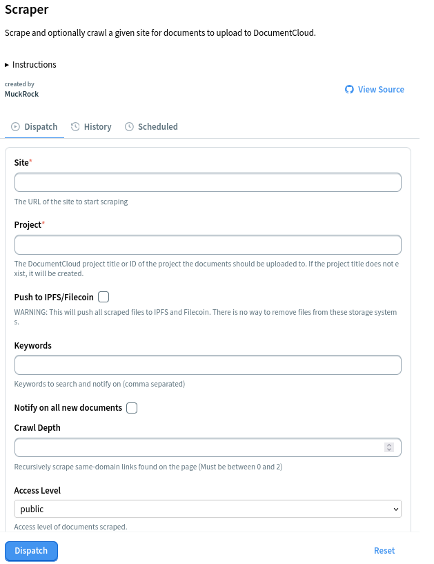 A screenshot of DocumentCloud's Scraper tool, that provides a dialog box asking for a URL to monitor as well as some advanced options.