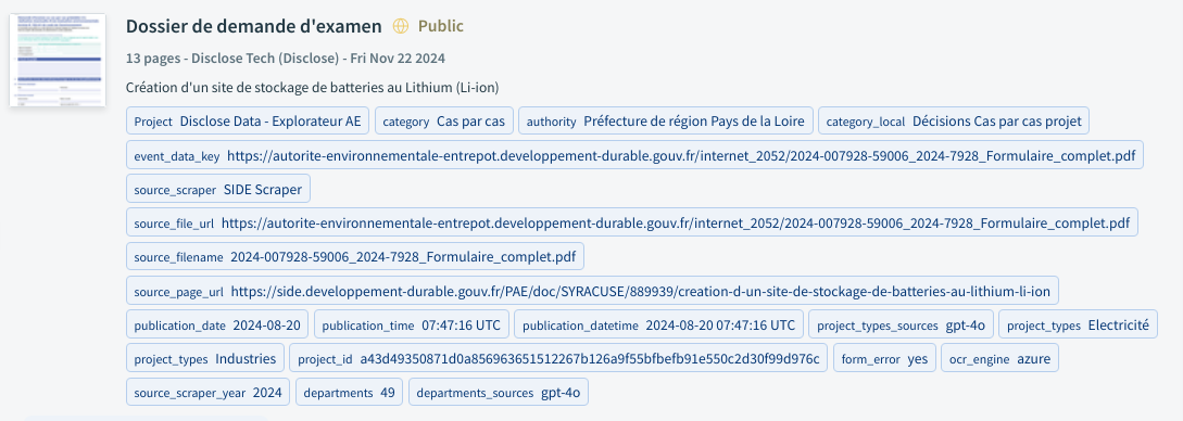 A screenshot of a preview of a document on DocumentCloud, which includes a thumbnail of the document as well as metatarsal such as the original URL